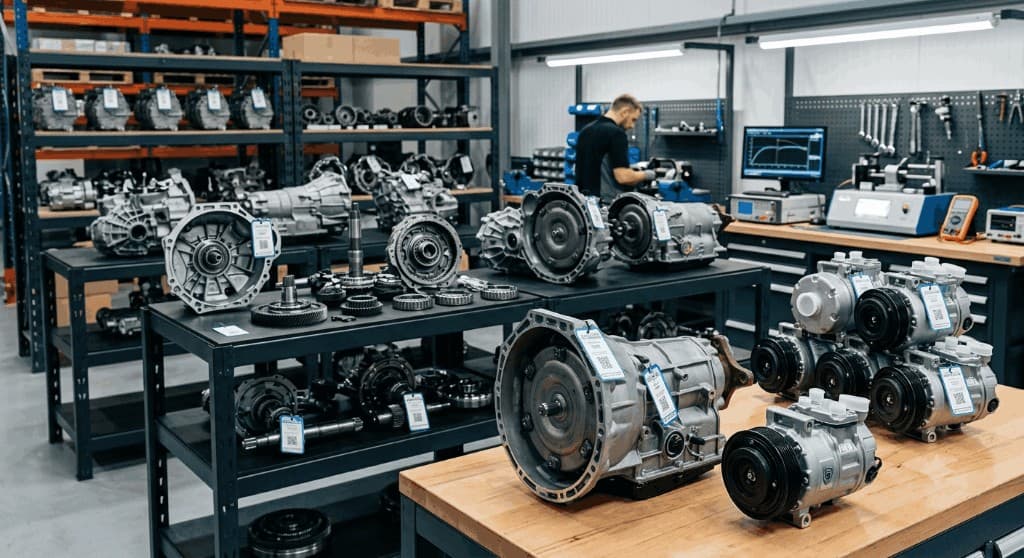 Organized workshop with remanufactured transmissions and A/C compressors on tagged workbenches
